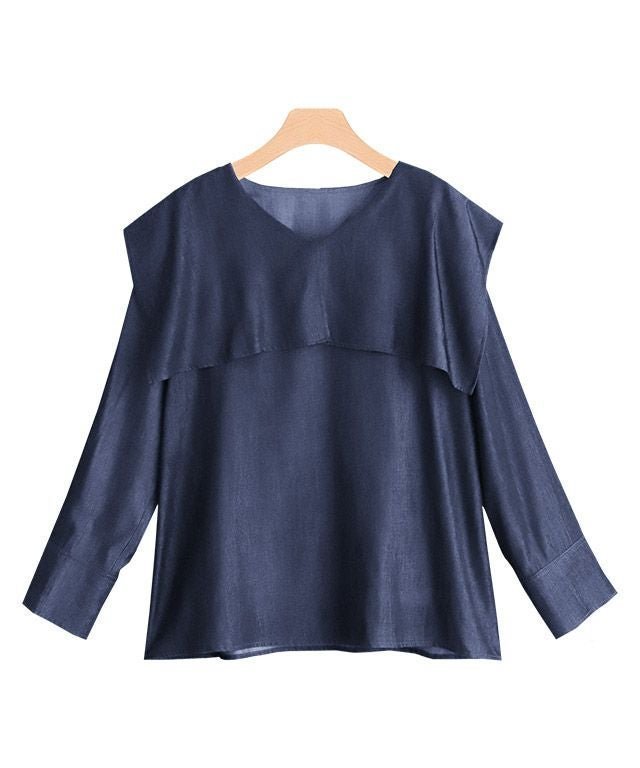 【ピエロ/Pierrot】のデニム風ビッグカラーブラウス インテリア・キッズ・メンズ・レディースファッション・服の通販 founy(ファニー) 　ファッション　Fashion　レディースファッション　Fashion for Women　トップス・カットソー　Cut & Sew Tops　シャツ・ブラウス・オフィスカジュアル　Elegant Blouses & Button-Ups　カフス　Cuff Design　サテン　Satin, Glossy Fabric　デニム　Denim, Jeans Material　トレンド　Trend, Trending Now　フェミニン　Feminine, Girly　フレア　Flare, Flared　プチプライス・低価格　Affordable / Budget Price　インディゴ|ID: prp329100004562584 ipo3291000000036070729