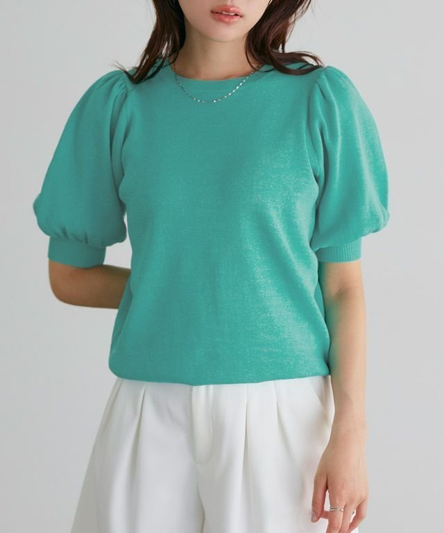 【ピエロ/Pierrot】のパフスリーブニット インテリア・キッズ・メンズ・レディースファッション・服の通販 founy(ファニー) 　ファッション　Fashion　レディースファッション　Ladies' Fashion Online　トップス・カットソー　Tops/Tshirt　ニット　Knit Tops　シンプル　Simple　スリーブ　Sleeve　フェミニン　Feminine　プチプライス・低価格　Affordable　夏　Summer　ブルーグリーン|ID: prp329100004562634 ipo3291000000032589116
