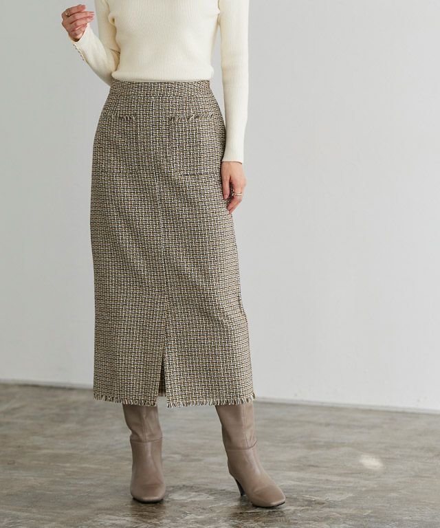 【ピエロ/Pierrot】のツイードロングスカート インテリア・キッズ・メンズ・レディースファッション・服の通販 founy(ファニー) 　ファッション　Fashion　レディースファッション　WOMEN　スカート　Skirt　ロングスカート　Long Skirt　おすすめ　Recommend　チェック　Check　ツイード　Tweed　フリンジ　Fringe　プチプライス・低価格　Affordable　ポケット　Pocket　ロング　Long　ベージュ|ID: prp329100004568976 ipo3291000000032324435