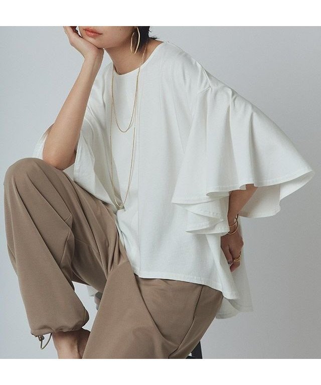 【ピエロ/Pierrot】のRASW オーバーフリルTシャツ インテリア・キッズ・メンズ・レディースファッション・服の通販 founy(ファニー) 　ファッション　Fashion　レディースファッション　Fashion for Women　トップス・カットソー　Cut & Sew Tops　シャツ・ブラウス・オフィスカジュアル　Elegant Blouses & Button-Ups　ロングTシャツ・Tシャツ　Longline T-Shirts & Tees　カットソー　Cut and Sewn Top　フリル　Frill, Ruffle　フレア　Flare, Flared　プチプライス・低価格　Affordable / Budget Price　エレガント 上品　Elegant　[RASW]オーバーフリルTシャツ|ID: prp329100004572060 ipo3291000000035480793