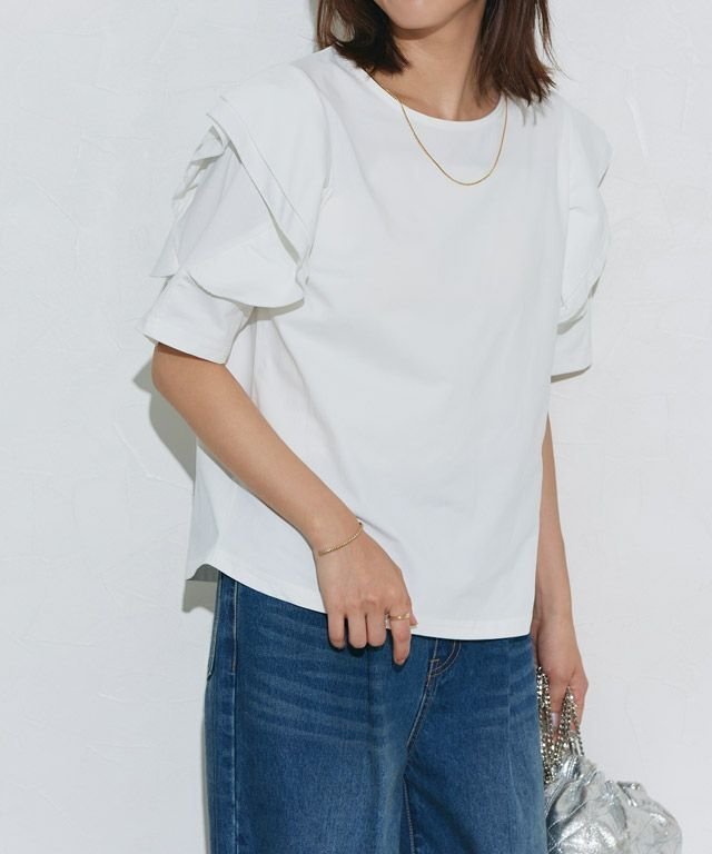 【ピエロ/Pierrot】のドライタッチラッフルフリルスリーブTシャツ インテリア・キッズ・メンズ・レディースファッション・服の通販 founy(ファニー) 　ファッション　Fashion　レディースファッション　Fashion for Women　トップス・カットソー　Cut & Sew Tops　シャツ・ブラウス・オフィスカジュアル　Elegant Blouses & Button-Ups　ロングTシャツ・Tシャツ　Longline T-Shirts & Tees　シンプル　Simple, Minimal　プチプライス・低価格　Affordable / Budget Price　吸水　Absorbent, Quick-Dry　夏　Summer　167cm / オフホワイト / M|ID: prp329100004573268 ipo3291000000035480811