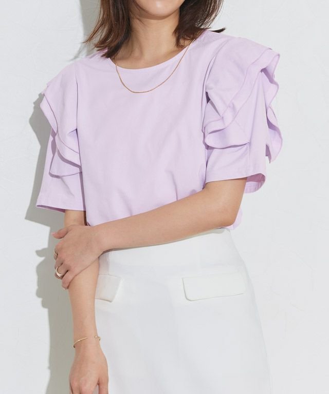 【ピエロ/Pierrot】のドライタッチラッフルフリルスリーブTシャツ インテリア・キッズ・メンズ・レディースファッション・服の通販 founy(ファニー) 　ファッション　Fashion　レディースファッション　Fashion for Women　トップス・カットソー　Cut & Sew Tops　シャツ・ブラウス・オフィスカジュアル　Elegant Blouses & Button-Ups　ロングTシャツ・Tシャツ　Longline T-Shirts & Tees　シンプル　Simple, Minimal　プチプライス・低価格　Affordable / Budget Price　吸水　Absorbent, Quick-Dry　夏　Summer　167cm / ラベンダー / M|ID: prp329100004573268 ipo3291000000035480812