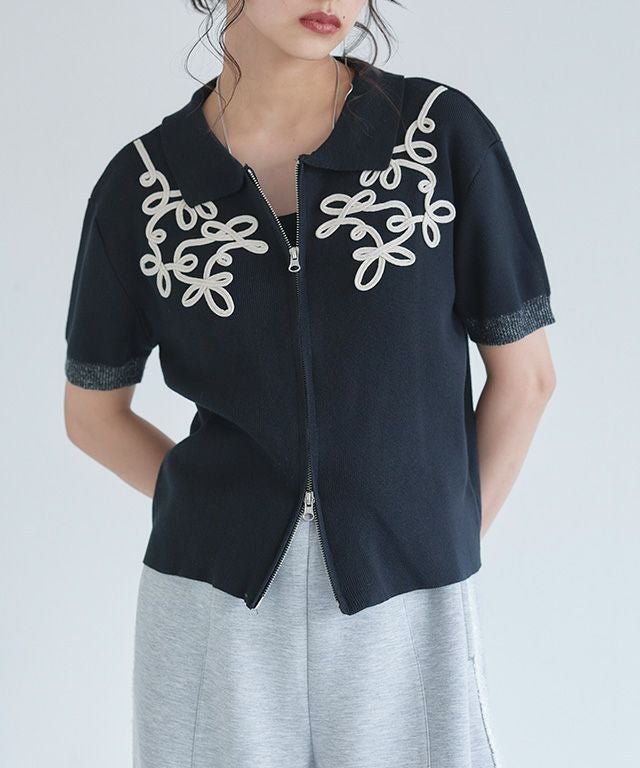 【ピエロ/Pierrot】のECLAM コードレース使いジップデザインニット インテリア・キッズ・メンズ・レディースファッション・服の通販 founy(ファニー) 　ファッション　Fashion　レディースファッション　Fashion for Women　トップス・カットソー　Cut & Sew Tops　ニット　Knit Tops & Sweaters　クロップド　Cropped, Short Length　コンパクト　Compact, Small Size　ジップ　Zip, Zipper　フロント　Front, Front Design　プチプライス・低価格　Affordable / Budget Price　レース　Lace, Lace Fabric　[ECLAM] コードレース使いジップデザインニット|ID: prp329100004587751 ipo3291000000036127211