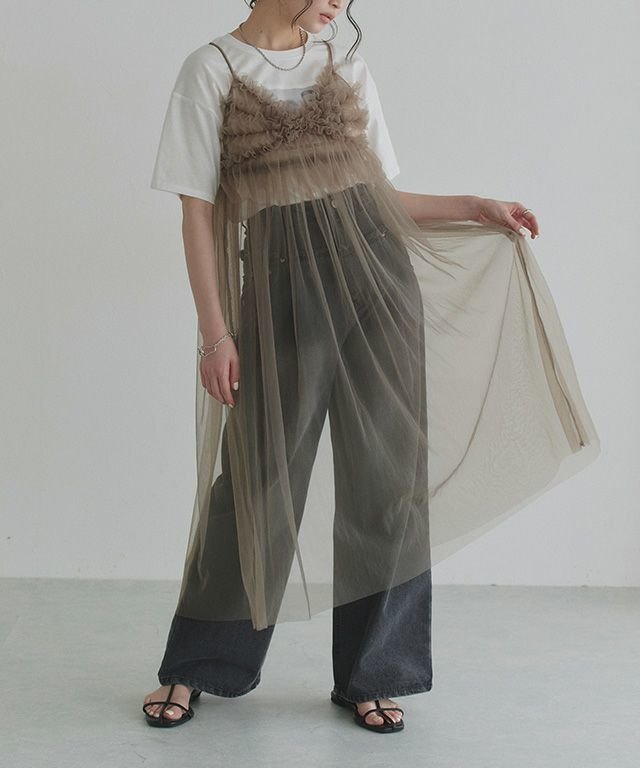 【ピエロ/Pierrot】のECLAM チュールキャミワンピース インテリア・キッズ・メンズ・レディースファッション・服の通販 founy(ファニー) 　ファッション　Fashion　レディースファッション　Fashion for Women　ワンピース　Dresses　キャミソールワンピース　Camisole Dresses　2025年　2025　2025春夏・S/S　Spring/Summer 2025 SS25　インナー　Innerwear　キャミソール　Camisole, Spaghetti Strap Top　シンプル　Simple, Minimal　チュール　Tulip, Tulip Motif　デニム　Denim, Jeans Material　フリル　Frill, Ruffle　プチプライス・低価格　Affordable / Budget Price　リボン　Ribbon, Bow　166cm / グレージュ / M|ID: prp329100004587753 ipo3291000000032538584