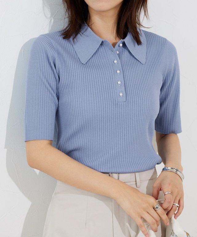 【ピエロ/Pierrot】のボタンが選べるリブポロニット インテリア・キッズ・メンズ・レディースファッション・服の通販 founy(ファニー) 　ファッション　Fashion　レディースファッション　Fashion for Women　トップス・カットソー　Cut & Sew Tops　ニット　Knit Tops & Sweaters　送料無料　Free Shipping　ウォッシャブル　Machine Washable　シンプル　Simple, Minimal　スタッズ　Studs, Metal Accents　パール　Pearl, Pearl Accent　プチプライス・低価格　Affordable / Budget Price　夏　Summer　春　Spring　167cm / パールボタン / ブルー / M|ID: prp329100004587762 ipo3291000000033833172