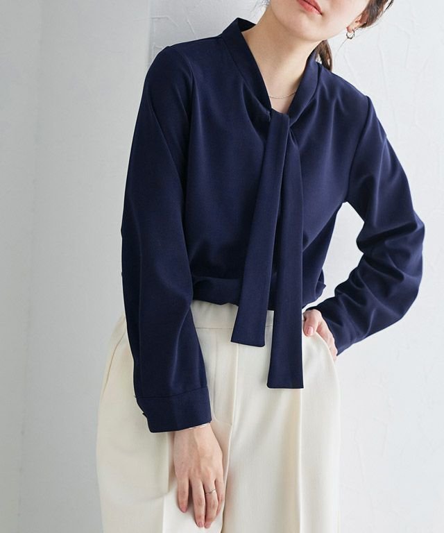 【ピエロ/Pierrot】のタイデザインTブラウス インテリア・キッズ・メンズ・レディースファッション・服の通販 founy(ファニー) 　ファッション　Fashion　レディースファッション　Ladies' Fashion Online　トップス・カットソー　Tops/Tshirt　シャツ/ブラウス　Shirts/Blouses　送料無料　Free Shipping　カットソー　Cut And Sew　カフス　Cuffs　シンプル　Simple　ジョーゼット　Georgette　スリーブ　Sleeve　プチプライス・低価格　Affordable　ネイビー|ID: prp329100004590743 ipo3291000000032576117