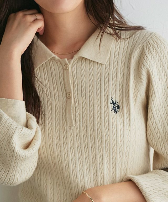 【ピエロ/Pierrot】の【U.S.POLO ASSN.】ケーブルポロニット インテリア・キッズ・メンズ・レディースファッション・服の通販 founy(ファニー) 　ファッション　Fashion　レディースファッション　Ladies' Fashion Online　トップス・カットソー　Tops/Tshirt　ニット　Knit Tops　トレンド　Trend　プチプライス・低価格　Affordable　エレガント 上品　Elegant　166cm / アイボリー×ネイビー / M|ID: prp329100004593687 ipo3291000000032620712