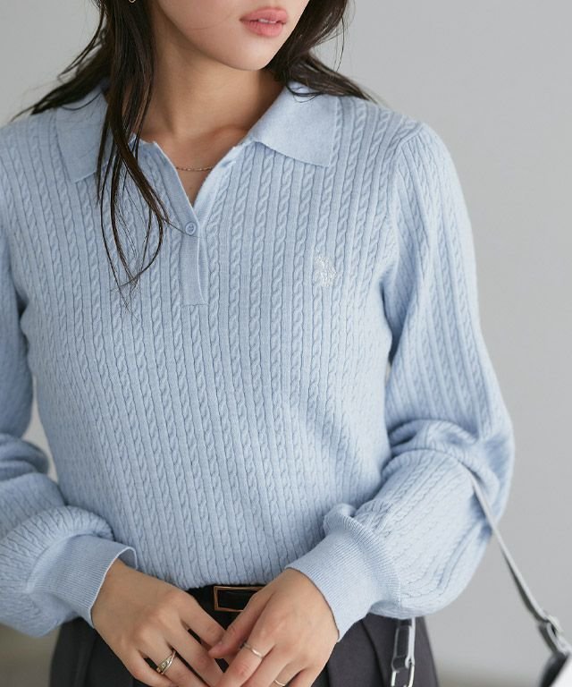 【ピエロ/Pierrot】の【U.S.POLO ASSN.】ケーブルポロニット インテリア・キッズ・メンズ・レディースファッション・服の通販 founy(ファニー) 　ファッション　Fashion　レディースファッション　Ladies' Fashion Online　トップス・カットソー　Tops/Tshirt　ニット　Knit Tops　トレンド　Trend　プチプライス・低価格　Affordable　エレガント 上品　Elegant　166cm / ライトブルー×オフホワイト / M|ID: prp329100004593687 ipo3291000000032620714