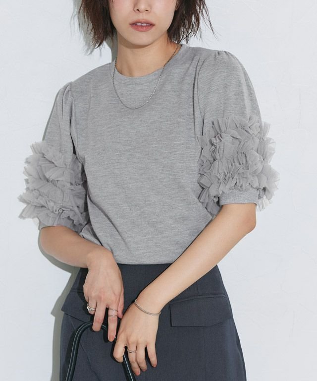 【ピエロ/Pierrot】のチュールスリーブプルオーバー インテリア・キッズ・メンズ・レディースファッション・服の通販 founy(ファニー) 　ファッション　Fashion　レディースファッション　Ladies' Fashion Online　トップス・カットソー　Tops/Tshirt　プルオーバー　Pullover　送料無料　Free Shipping　2025年　2025　2025春夏・S/S　Ss,Spring/Summer,2025　スラックス　Slacks　チュール　Tulle　デニム　Denim　トレンド　Trend　バランス　Balance　プチプライス・低価格　Affordable　167cm / 杢グレー / M|ID: prp329100004598591 ipo3291000000032687725