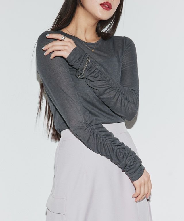 【ピエロ/Pierrot】のECLAM 袖シャーリングシアーカットソー インテリア・キッズ・メンズ・レディースファッション・服の通販 founy(ファニー) 　ファッション　Fashion　レディースファッション　Fashion for Women　トップス・カットソー　Cut & Sew Tops　カットソー・ベーシックTシャツ　Cut-and-Sewn Tops / Stretch Tees & Basics　送料無料　Free Shipping　2025年　2025　2025春夏・S/S　Spring/Summer 2025 SS25　インナー　Innerwear　キャミワンピース　Cami Dress, Slip Dress　シアー　Sheer, See-Through　シャーリング　Shirring, Ruched　ビスチェ　Bustier, Corset Top　プチプライス・低価格　Affordable / Budget Price　166cm / チャコール / M|ID: prp329100004602048 ipo3291000000032720716
