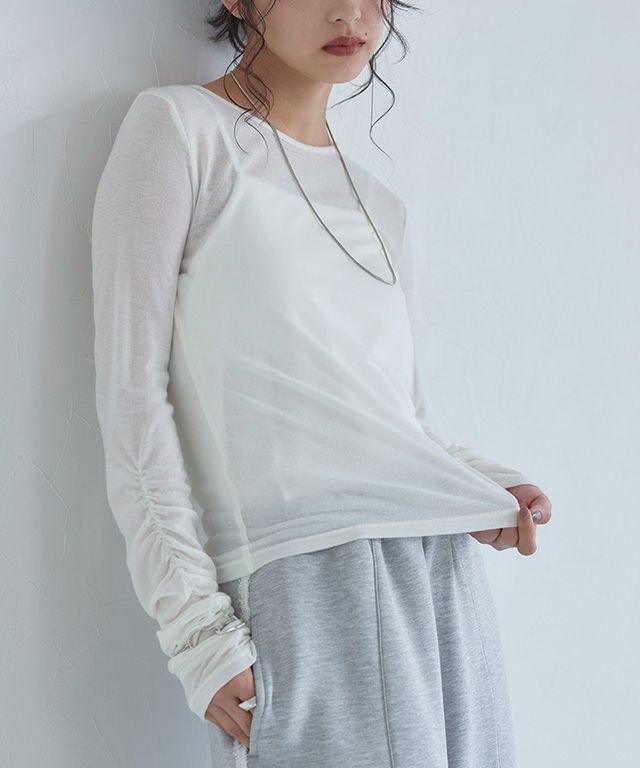 【ピエロ/Pierrot】のECLAM 袖シャーリングシアーカットソー インテリア・キッズ・メンズ・レディースファッション・服の通販 founy(ファニー) 　ファッション　Fashion　レディースファッション　Fashion for Women　トップス・カットソー　Cut & Sew Tops　カットソー・ベーシックTシャツ　Cut-and-Sewn Tops / Stretch Tees & Basics　インナー　Innerwear　キャミワンピース　Cami Dress, Slip Dress　シアー　Sheer, See-Through　シャーリング　Shirring, Ruched　ビスチェ　Bustier, Corset Top　プチプライス・低価格　Affordable / Budget Price　163cm / アイボリー / M|ID: prp329100004602048 ipo3291000000034231901