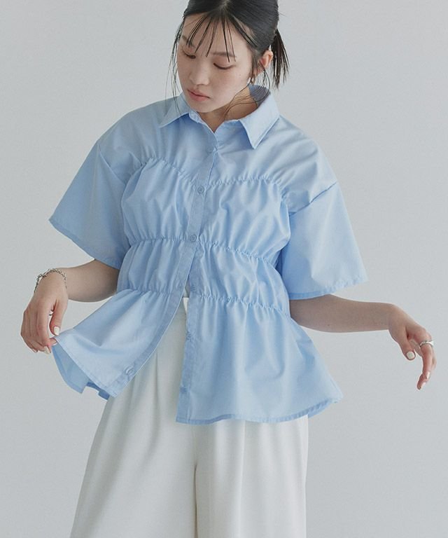 【ピエロ/Pierrot】のECLAM ウエストシャーリングデザインブラウス インテリア・キッズ・メンズ・レディースファッション・服の通販 founy(ファニー) 　ファッション　Fashion　レディースファッション　Fashion for Women　トップス・カットソー　Cut & Sew Tops　シャツ・ブラウス・オフィスカジュアル　Elegant Blouses & Button-Ups　送料無料　Free Shipping　2025年　2025　2025春夏・S/S　Spring/Summer 2025 SS25　ギャザー　Gathered, Ruffled　シャーリング　Shirring, Ruched　スラックス　Slacks, Dress Pants　デニム　Denim, Jeans Material　プチプライス・低価格　Affordable / Budget Price　ペプラム　Peplum, Flared Hem　[ECLAM] ウエストシャーリングデザインブラウス|ID: prp329100004602053 ipo3291000000032720743
