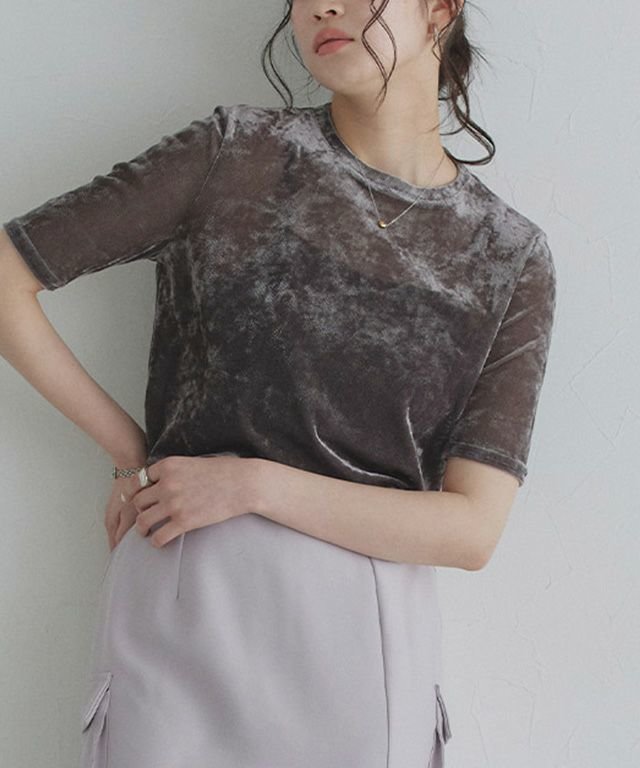 【ピエロ/Pierrot】のECLAM シアーベロアカットソー インテリア・キッズ・メンズ・レディースファッション・服の通販 founy(ファニー) 　ファッション　Fashion　レディースファッション　Fashion for Women　トップス・カットソー　Cut & Sew Tops　カットソー・ベーシックTシャツ　Cut-and-Sewn Tops / Stretch Tees & Basics　ベロアトップス　Velour Tops / Velvet-Look Items　送料無料　Free Shipping　2025年　2025　2025春夏・S/S　Spring/Summer 2025 SS25　デニム　Denim, Jeans Material　プチプライス・低価格　Affordable / Budget Price　ベーシック　Basic, Essential　ワイド　Wide, Wide Fit　[ECLAM] シアーベロアカットソー|ID: prp329100004602061 ipo3291000000032720791