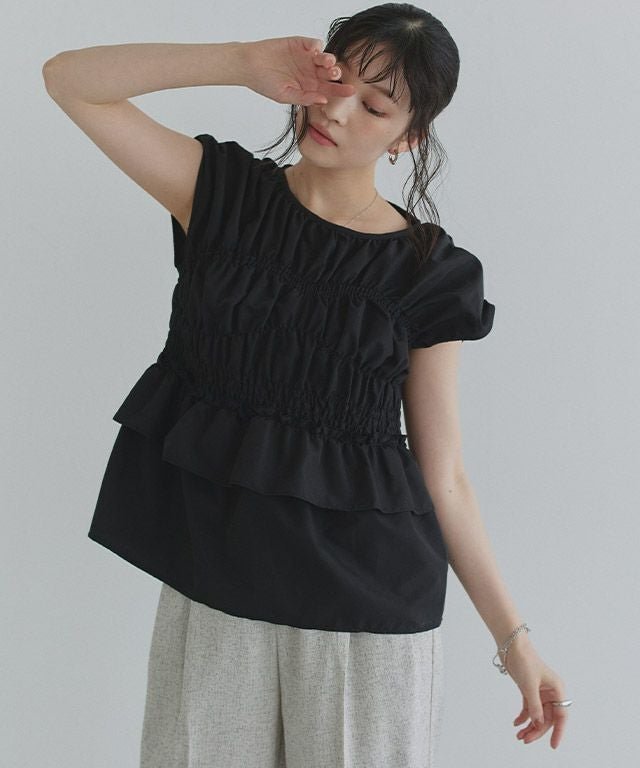 【ピエロ/Pierrot】のECLAM シャーリングデザインブラウス 人気、トレンドファッション・服の通販 founy(ファニー) 　ファッション　Fashion　レディースファッション　Fashion for Women　トップス・カットソー　Cut & Sew Tops　シャツ・ブラウス・オフィスカジュアル　Elegant Blouses & Button-Ups　おすすめ　Recommended / Our Picks　シャーリング　Shirring, Ruched　スリーブ　Sleeve, Long Sleeve / Short Sleeve　デニム　Denim, Jeans Material　フレンチ　French, French Style　プチプライス・低価格　Affordable / Budget Price　リボン　Ribbon, Bow　 other-1|ID: prp329100004602063 ipo3291000000036296379