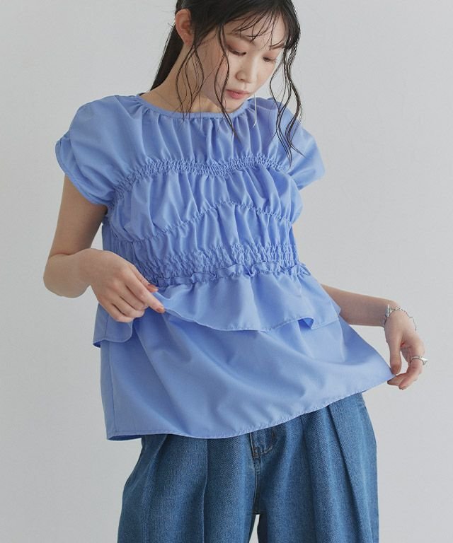 【ピエロ/Pierrot】のECLAM シャーリングデザインブラウス インテリア・キッズ・メンズ・レディースファッション・服の通販 founy(ファニー) 　ファッション　Fashion　レディースファッション　Fashion for Women　トップス・カットソー　Cut & Sew Tops　シャツ・ブラウス・オフィスカジュアル　Elegant Blouses & Button-Ups　おすすめ　Recommended / Our Picks　シャーリング　Shirring, Ruched　スリーブ　Sleeve, Long Sleeve / Short Sleeve　デニム　Denim, Jeans Material　フレンチ　French, French Style　プチプライス・低価格　Affordable / Budget Price　リボン　Ribbon, Bow　[ECLAM] シャーリングデザインブラウス|ID: prp329100004602063 ipo3291000000036296381