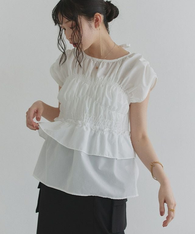 【ピエロ/Pierrot】のECLAM シャーリングデザインブラウス インテリア・キッズ・メンズ・レディースファッション・服の通販 founy(ファニー) 　ファッション　Fashion　レディースファッション　Fashion for Women　トップス・カットソー　Cut & Sew Tops　シャツ・ブラウス・オフィスカジュアル　Elegant Blouses & Button-Ups　おすすめ　Recommended / Our Picks　シャーリング　Shirring, Ruched　スリーブ　Sleeve, Long Sleeve / Short Sleeve　デニム　Denim, Jeans Material　フレンチ　French, French Style　プチプライス・低価格　Affordable / Budget Price　リボン　Ribbon, Bow　166cm / オフホワイト / F|ID: prp329100004602063 ipo3291000000036296382