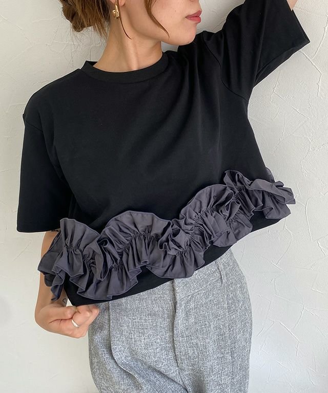【ピエロ/Pierrot】のECLAM フリルドッキングトップス インテリア・キッズ・メンズ・レディースファッション・服の通販 founy(ファニー) 　ファッション　Fashion　レディースファッション　Fashion for Women　トップス・カットソー　Cut & Sew Tops　2025年　2025　2025春夏・S/S　Spring/Summer 2025 SS25　カットソー　Cut and Sewn Top　クロップド　Cropped, Short Length　シンプル　Simple, Minimal　デニム　Denim, Jeans Material　トレンド　Trend, Trending Now　フリル　Frill, Ruffle　プチプライス・低価格　Affordable / Budget Price　夏　Summer　[ECLAM] フリルドッキングトップス|ID: prp329100004602069 ipo3291000000032720853