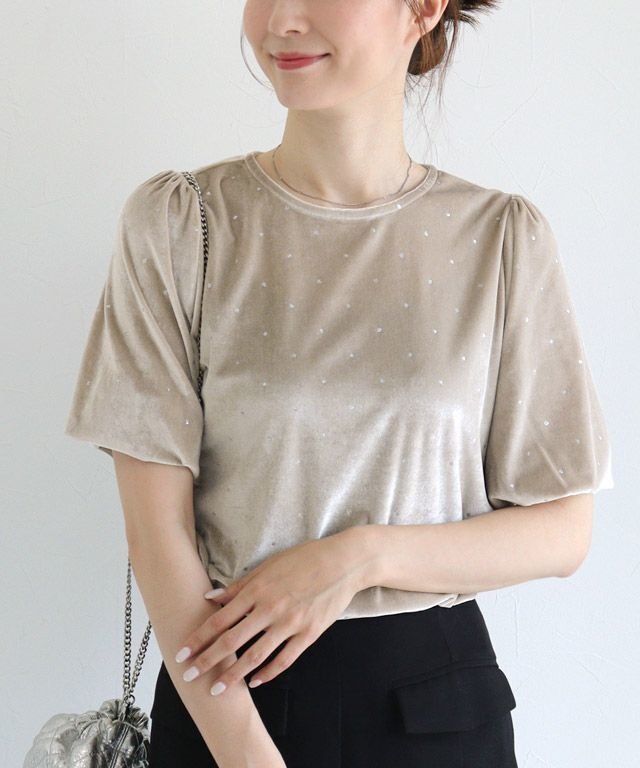 【ピエロ/Pierrot】のラメドットベロアトップス インテリア・キッズ・メンズ・レディースファッション・服の通販 founy(ファニー) 　ファッション　Fashion　レディースファッション　Fashion for Women　トップス・カットソー　Cut & Sew Tops　ベロアトップス　Velour Tops / Velvet-Look Items　送料無料　Free Shipping　2025年　2025　2025春夏・S/S　Spring/Summer 2025 SS25　シンプル　Simple, Minimal　スリーブ　Sleeve, Long Sleeve / Short Sleeve　デニム　Denim, Jeans Material　トレンド　Trend, Trending Now　ドット　Polka Dot, Dot Pattern　プチプライス・低価格　Affordable / Budget Price　プリント　Print, Printed Pattern　ベロア　Velour, Soft Velvet　エレガント 上品　Elegant　163cm / ライトベージュ / M|ID: prp329100004613465 ipo3291000000033024079