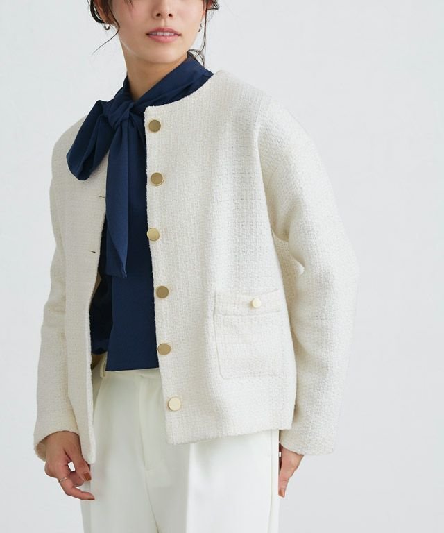 【ピエロ/Pierrot】のツイードノーカラージャケット インテリア・キッズ・メンズ・レディースファッション・服の通販 founy(ファニー) 　ファッション　Fashion　レディースファッション　Fashion for Women　アウター　Coat / Outerwear Collection　レディースジャケット・軽アウター　Jackets　ノーカラージャケット / シンプル上品コーデ　Collarless Jackets　ツイード　Twill, Twill Weave　プチプライス・低価格　Affordable / Budget Price　エレガント 上品　Elegant　167cm / オフホワイト / M|ID: prp329100004626681 ipo3291000000033248716