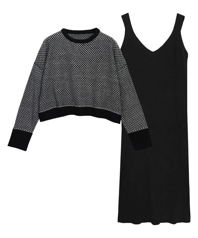 【ピエロ/Pierrot】のニット×キャミワンピレイヤードセット インテリア・キッズ・メンズ・レディースファッション・服の通販 founy(ファニー) 　ファッション　Fashion　レディースファッション　Fashion for Women　ワンピース　Dresses　キャミソールワンピース　Camisole Dresses　スーツ　Business Suits & Workwear　スーツセット・2点セット・レディーススーツ　Suit Sets / 2-Piece Suits / Office Suit Sets　おすすめ　Recommended / Our Picks　ショート　Short, Short Length　スーツ　Suit, Formalwear　バランス　Balance, Style Balance　プチプライス・低価格　Affordable / Budget Price　無地　Plain, Solid Color　ブラック×アイボリー|ID: prp329100004631898 ipo3291000000033333269