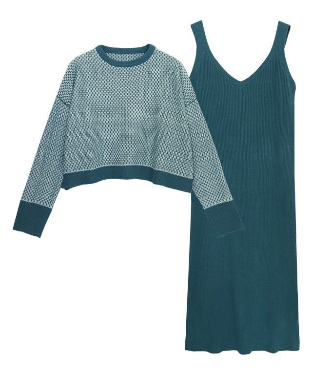 【ピエロ/Pierrot】のニット×キャミワンピレイヤードセット インテリア・キッズ・メンズ・レディースファッション・服の通販 founy(ファニー) 　ファッション　Fashion　レディースファッション　Fashion for Women　ワンピース　Dresses　キャミソールワンピース　Camisole Dresses　スーツ　Business Suits & Workwear　スーツセット・2点セット・レディーススーツ　Suit Sets / 2-Piece Suits / Office Suit Sets　おすすめ　Recommended / Our Picks　ショート　Short, Short Length　スーツ　Suit, Formalwear　バランス　Balance, Style Balance　プチプライス・低価格　Affordable / Budget Price　無地　Plain, Solid Color　グリーン×アイボリー|ID: prp329100004631898 ipo3291000000033333270