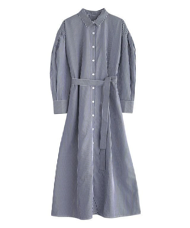 【ピエロ/Pierrot】のストライプボリュームスリーブシャツワンピース インテリア・キッズ・メンズ・レディースファッション・服の通販 founy(ファニー) 　ファッション　Fashion　レディースファッション　Fashion for Women　ワンピース　Dresses　シャツワンピース / 1枚で着映えコーデ　Shirt Dresses　ストライプ　Stripe, Striped Pattern　スリーブ　Sleeve, Long Sleeve / Short Sleeve　プチプライス・低価格　Affordable / Budget Price　エレガント 上品　Elegant　ネイビー|ID: prp329100004631921 ipo3291000000033333416
