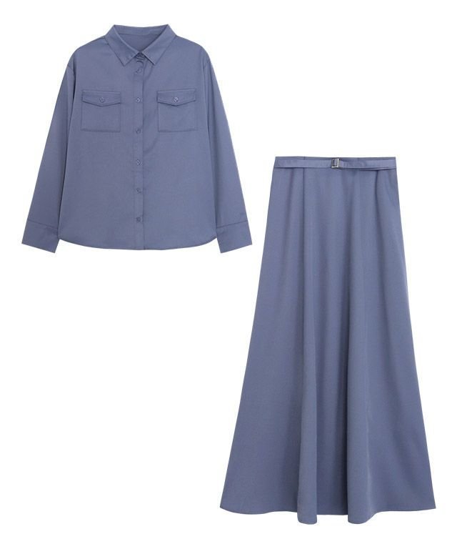 【ピエロ/Pierrot】のシャツスカートセットアップ インテリア・キッズ・メンズ・レディースファッション・服の通販 founy(ファニー) 　ファッション　Fashion　レディースファッション　Fashion for Women　セットアップ　Matching Sets　スカート・ミニ/ミディ/マキシ　Skirts / Mini, Midi & Maxi Skirts　スーツ　Business Suits & Workwear　スーツスカート・ビジネス用スカート　Suit Skirts / Office Skirts　スーツセット・2点セット・レディーススーツ　Suit Sets / 2-Piece Suits / Office Suit Sets　とろみ　Fluid, Flowy Fabric　スーツ　Suit, Formalwear　フラップ　Flap, Flap Pocket　プチプライス・低価格　Affordable / Budget Price　ポケット　Pocket, Pocket Detail　エレガント 上品　Elegant　スモークブルー|ID: prp329100004631935 ipo3291000000033333507