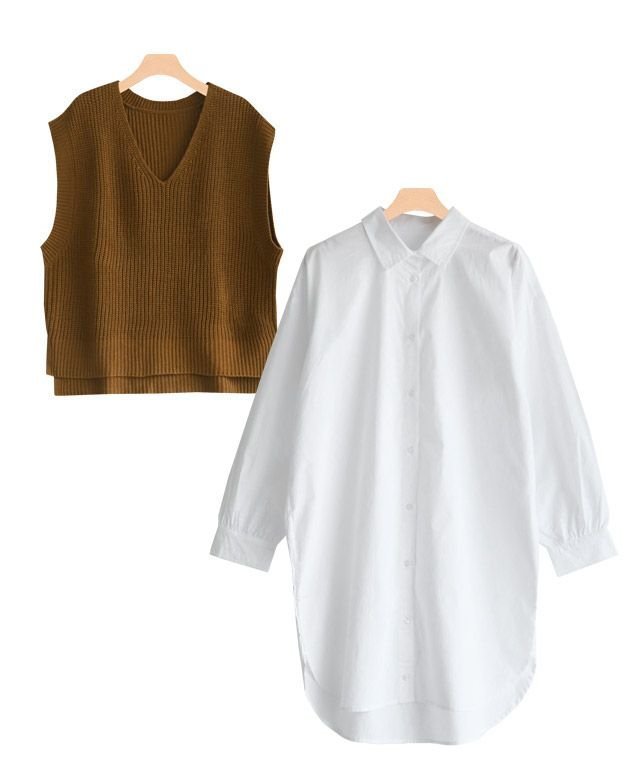 【ピエロ/Pierrot】のニットベスト×ロングシャツセット インテリア・キッズ・メンズ・レディースファッション・服の通販 founy(ファニー) 　ファッション　Fashion　レディースファッション　Fashion for Women　アウター　Coat / Outerwear Collection　トップス・カットソー　Cut & Sew Tops　ニット　Knit Tops & Sweaters　シャツ・ブラウス・オフィスカジュアル　Elegant Blouses & Button-Ups　ベスト&ジレ / 重ね着スタイル　Vests & Gilets　スーツ　Business Suits & Workwear　スーツセット・2点セット・レディーススーツ　Suit Sets / 2-Piece Suits / Office Suit Sets　スーツ　Suit, Formalwear　プチプライス・低価格　Affordable / Budget Price　ベスト　Vest, Waistcoat　ロング　Long, Long-Length　畦　Ribbed Knit　キャメル|ID: prp329100004632061 ipo3291000000033334333
