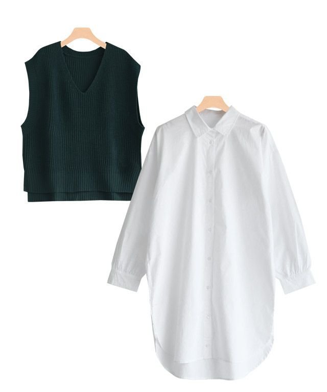 【ピエロ/Pierrot】のニットベスト×ロングシャツセット インテリア・キッズ・メンズ・レディースファッション・服の通販 founy(ファニー) 　ファッション　Fashion　レディースファッション　Fashion for Women　アウター　Coat / Outerwear Collection　トップス・カットソー　Cut & Sew Tops　ニット　Knit Tops & Sweaters　シャツ・ブラウス・オフィスカジュアル　Elegant Blouses & Button-Ups　ベスト&ジレ / 重ね着スタイル　Vests & Gilets　スーツ　Business Suits & Workwear　スーツセット・2点セット・レディーススーツ　Suit Sets / 2-Piece Suits / Office Suit Sets　スーツ　Suit, Formalwear　プチプライス・低価格　Affordable / Budget Price　ベスト　Vest, Waistcoat　ロング　Long, Long-Length　畦　Ribbed Knit　グリーン|ID: prp329100004632061 ipo3291000000033334335