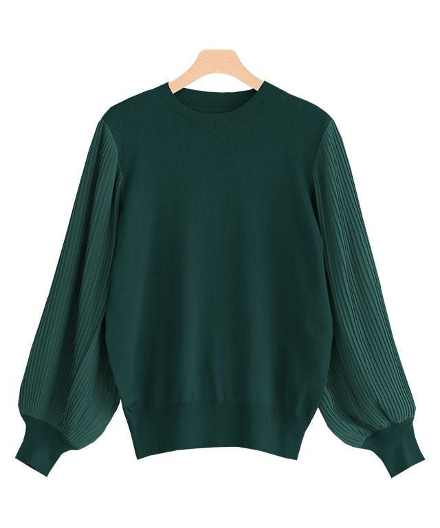 【ピエロ/Pierrot】のプリーツ袖ニット インテリア・キッズ・メンズ・レディースファッション・服の通販 founy(ファニー) 　ファッション　Fashion　レディースファッション　Fashion for Women　トップス・カットソー　Cut & Sew Tops　ニット　Knit Tops & Sweaters　シフォン　Chiffon, Lightweight Fabric　シンプル　Simple, Minimal　スリーブ　Sleeve, Long Sleeve / Short Sleeve　プチプライス・低価格　Affordable / Budget Price　プリーツ　Pleats, Pleated　ボトム　Bottoms, Lower Wear　ディープグリーン|ID: prp329100004632070 ipo3291000000036070113