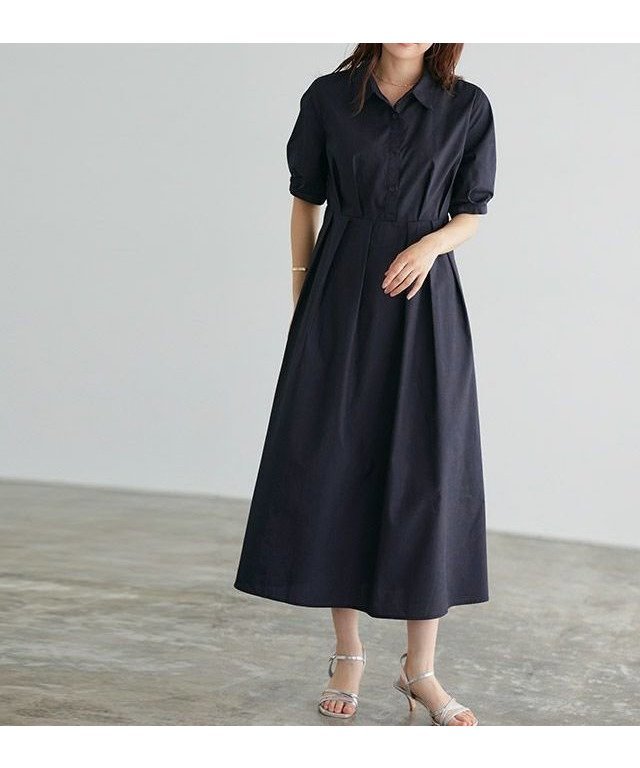 【ピエロ/Pierrot】のパフスリーブシャツワンピース インテリア・キッズ・メンズ・レディースファッション・服の通販 founy(ファニー) 　ファッション　Fashion　レディースファッション　Fashion for Women　ワンピース　Dresses　シャツワンピース / 1枚で着映えコーデ　Shirt Dresses　スリーブ　Sleeve, Long Sleeve / Short Sleeve　フェミニン　Feminine, Girly　フレア　Flare, Flared　プチプライス・低価格　Affordable / Budget Price　ネイビー|ID: prp329100004632133 ipo3291000000033334719