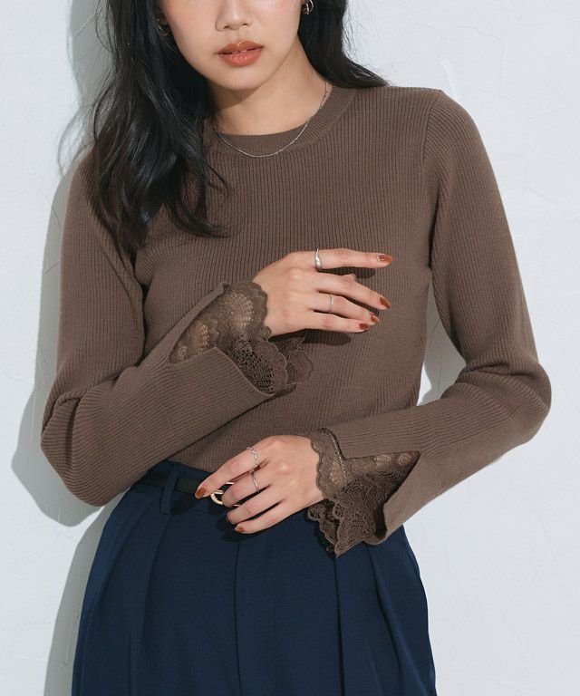 【ピエロ/Pierrot】の袖スカラップレースデザインニット インテリア・キッズ・メンズ・レディースファッション・服の通販 founy(ファニー) 　ファッション　Fashion　レディースファッション　Fashion for Women　トップス・カットソー　Cut & Sew Tops　ニット　Knit Tops & Sweaters　送料無料　Free Shipping　おすすめ　Recommended / Our Picks　なめらか　Smooth, Silky Texture　インナー　Innerwear　シンプル　Simple, Minimal　スカラップ　Scallop, Scalloped Edge　デニム　Denim, Jeans Material　プチプライス・低価格　Affordable / Budget Price　ベーシック　Basic, Essential　ボトム　Bottoms, Lower Wear　レース　Lace, Lace Fabric　162cm / モカ / M|ID: prp329100004633013 ipo3291000000033345602