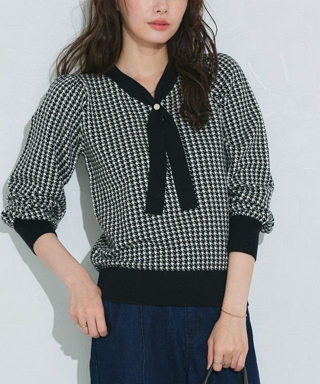 【ピエロ/Pierrot】のタイデザインニット インテリア・キッズ・メンズ・レディースファッション・服の通販 founy(ファニー) 　ファッション　Fashion　レディースファッション　Fashion for Women　トップス・カットソー　Cut & Sew Tops　ニット　Knit Tops & Sweaters　送料無料　Free Shipping　おすすめ　Recommended / Our Picks　スリーブ　Sleeve, Long Sleeve / Short Sleeve　プチプライス・低価格　Affordable / Budget Price　エレガント 上品　Elegant　167cm / 千鳥 / ブラック / M|ID: prp329100004645692 ipo3291000000033530314