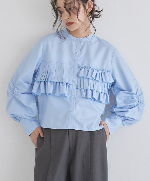 【ピエロ/Pierrot】のECLAM プリーツフリルブラウス 人気、トレンドファッション・服の通販 founy(ファニー) 　ファッション　Fashion　レディースファッション　Fashion for Women　トップス・カットソー　Cut & Sew Tops　シャツ・ブラウス・オフィスカジュアル　Elegant Blouses & Button-Ups　クロップド　Cropped, Short Length　デニム　Denim, Jeans Material　トレンド　Trend, Trending Now　フェミニン　Feminine, Girly　フリル　Frill, Ruffle　プチプライス・低価格　Affordable / Budget Price　ボトム　Bottoms, Lower Wear　ロング　Long, Long-Length　羽織　Haori, Light Jacket　 other-1|ID: prp329100004652184 ipo3291000000033618703