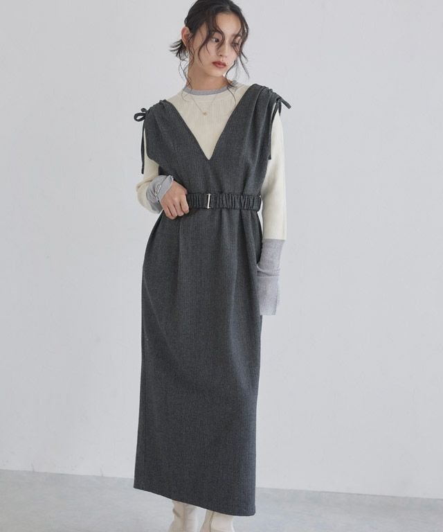 【ピエロ/Pierrot】のECLAM ベルト付きヘリンボーンジャンパースカート インテリア・キッズ・メンズ・レディースファッション・服の通販 founy(ファニー) 　ファッション　Fashion　レディースファッション　Fashion for Women　スカート　Skirts　ベルト&ウエストマーク　Belts & Waist Accessories　送料無料　Free Shipping　インナー　Innerwear　カットソー　Cut and Sewn Top　ギャザー　Gathered, Ruffled　スリット　Slit, Slit Detail　プチプライス・低価格　Affordable / Budget Price　[ECLAM] ベルト付きヘリンボーンジャンパースカート|ID: prp329100004652188 ipo3291000000033618748
