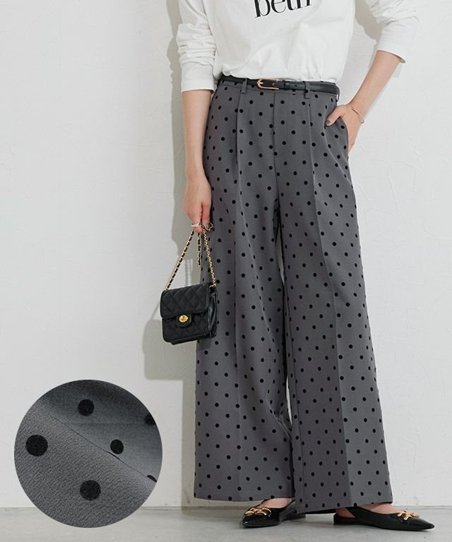 【ピエロ/Pierrot】のフロッキードットワイドパンツ インテリア・キッズ・メンズ・レディースファッション・服の通販 founy(ファニー) 　ファッション　Fashion　レディースファッション　Fashion for Women　パンツ　Pants & Trousers　シンプル　Simple, Minimal　プチプライス・低価格　Affordable / Budget Price　プリント　Print, Printed Pattern　フロッキードットワイドパンツ|ID: prp329100004652195 ipo3291000000033618788