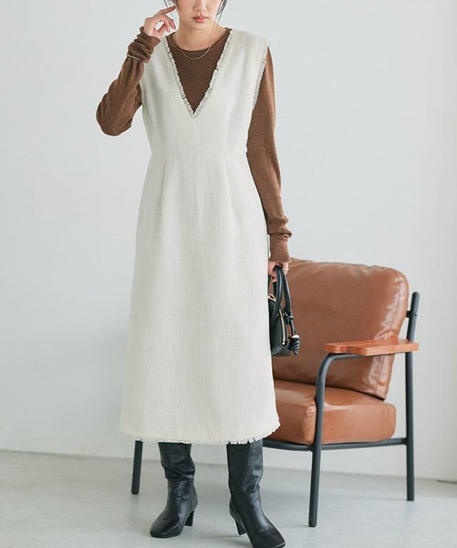 【ピエロ/Pierrot】のツイードVネックジャンパースカート インテリア・キッズ・メンズ・レディースファッション・服の通販 founy(ファニー) 　ファッション　Fashion　レディースファッション　Fashion for Women　スカート　Skirts　送料無料　Free Shipping　インナー　Innerwear　クラシカル　Classical, Vintage-Inspired　ツイード　Twill, Twill Weave　フリンジ　Fringe, Tassel　プチプライス・低価格　Affordable / Budget Price　エレガント 上品　Elegant　ツイードVネックジャンパースカート|ID: prp329100004695683 ipo3291000000033908551