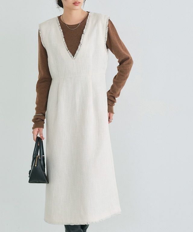 【ピエロ/Pierrot】のツイードVネックジャンパースカート インテリア・キッズ・メンズ・レディースファッション・服の通販 founy(ファニー) 　ファッション　Fashion　レディースファッション　Fashion for Women　スカート　Skirts　インナー　Innerwear　クラシカル　Classical, Vintage-Inspired　ツイード　Twill, Twill Weave　フリンジ　Fringe, Tassel　プチプライス・低価格　Affordable / Budget Price　エレガント 上品　Elegant　162cm / オフホワイト / M|ID: prp329100004695683 ipo3291000000034411812