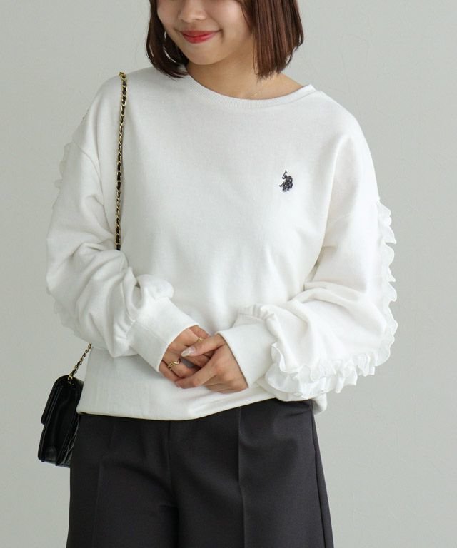 【ピエロ/Pierrot】の【U.S.POLO ASSN.】フリルスウェット インテリア・キッズ・メンズ・レディースファッション・服の通販 founy(ファニー) 　ファッション　Fashion　レディースファッション　Fashion for Women　トップス・カットソー　Cut & Sew Tops　レディースパーカー・カジュアルフーディー　Casual Hoodies & Sweatshirts　スウェット・クルーネックトップス　Sweatshirts & Crewnecks / Relaxed Fit Sweat Tops　フリル　Frill, Ruffle　プチプライス・低価格　Affordable / Budget Price　リラックス　Relax, Relaxed Fit　エレガント 上品　Elegant　150cm / オフホワイト×チャコール / M|ID: prp329100004695686 ipo3291000000034200447