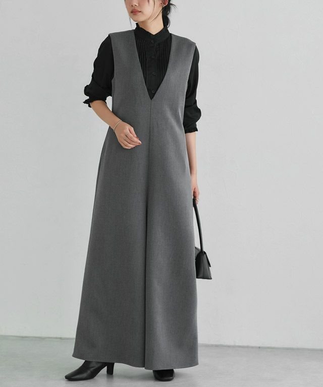 【ピエロ/Pierrot】のVネックフレアヘムオールインワン インテリア・キッズ・メンズ・レディースファッション・服の通販 founy(ファニー) 　ファッション　Fashion　レディースファッション　Fashion for Women　トップス・カットソー　Cut & Sew Tops　Vネックトップス　V-Neck Tops / V-Cut Neckline Shirts　ワンピース　Dresses　オールインワン・ワンピース　Dresses and Jumpsuits　おすすめ　Recommended / Our Picks　シンプル　Simple, Minimal　プチプライス・低価格　Affordable / Budget Price　162cm / 杢チャコール / M|ID: prp329100004700672 ipo3291000000035620475