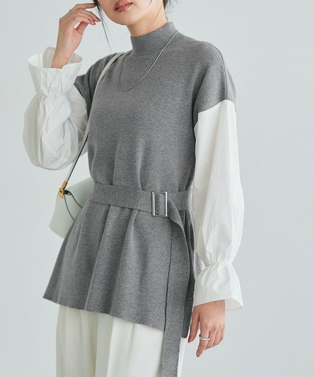 【ピエロ/Pierrot】のベルト付きドッキングニット インテリア・キッズ・メンズ・レディースファッション・服の通販 founy(ファニー) 　ファッション　Fashion　レディースファッション　Fashion for Women　トップス・カットソー　Cut & Sew Tops　ニット　Knit Tops & Sweaters　ベルト&ウエストマーク　Belts & Waist Accessories　送料無料　Free Shipping　ギャザー　Gathered, Ruffled　スリット　Slit, Slit Detail　スリーブ　Sleeve, Long Sleeve / Short Sleeve　ドッキング　Docking, Mixed Material　プチプライス・低価格　Affordable / Budget Price　ベルト付きドッキングニット|ID: prp329100004707165 ipo3291000000033997003