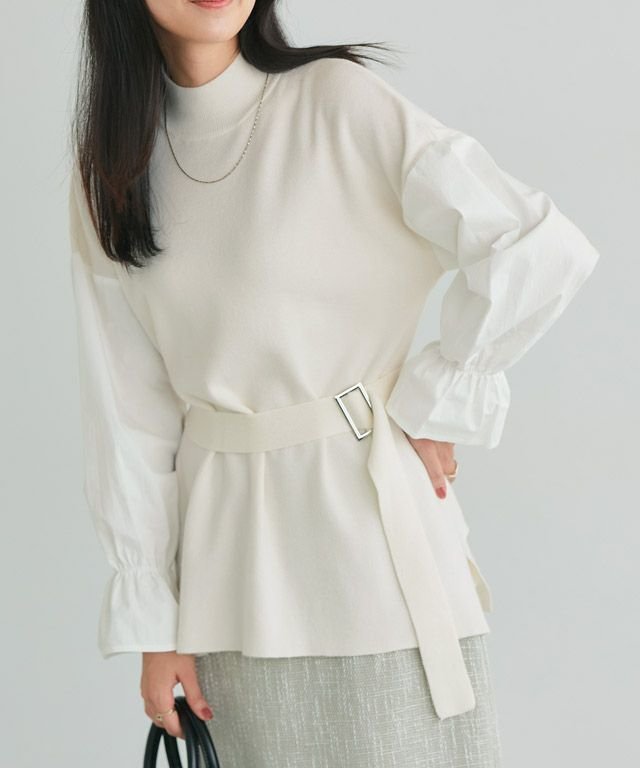 【ピエロ/Pierrot】のベルト付きドッキングニット インテリア・キッズ・メンズ・レディースファッション・服の通販 founy(ファニー) 　ファッション　Fashion　レディースファッション　Fashion for Women　トップス・カットソー　Cut & Sew Tops　ニット　Knit Tops & Sweaters　ベルト&ウエストマーク　Belts & Waist Accessories　送料無料　Free Shipping　ギャザー　Gathered, Ruffled　スリット　Slit, Slit Detail　スリーブ　Sleeve, Long Sleeve / Short Sleeve　ドッキング　Docking, Mixed Material　プチプライス・低価格　Affordable / Budget Price　162cm / オフホワイト / M|ID: prp329100004707165 ipo3291000000033997004