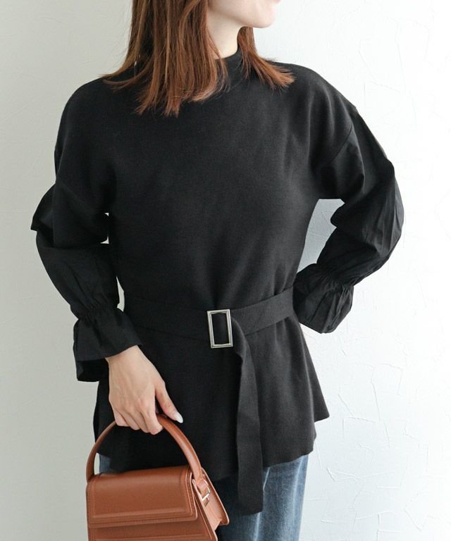 【ピエロ/Pierrot】のベルト付きドッキングニット インテリア・キッズ・メンズ・レディースファッション・服の通販 founy(ファニー) 　ファッション　Fashion　レディースファッション　Fashion for Women　トップス・カットソー　Cut & Sew Tops　ニット　Knit Tops & Sweaters　ベルト&ウエストマーク　Belts & Waist Accessories　ギャザー　Gathered, Ruffled　スリット　Slit, Slit Detail　スリーブ　Sleeve, Long Sleeve / Short Sleeve　ドッキング　Docking, Mixed Material　プチプライス・低価格　Affordable / Budget Price　163cm / ブラック / M|ID: prp329100004707165 ipo3291000000034497277