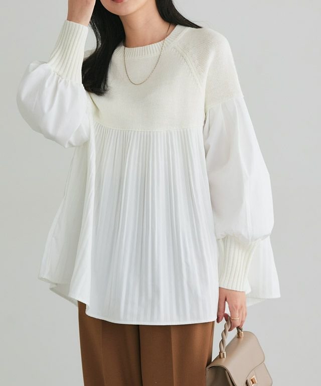 【ピエロ/Pierrot】のプリーツ切り替えニット インテリア・キッズ・メンズ・レディースファッション・服の通販 founy(ファニー) 　ファッション　Fashion　レディースファッション　Fashion for Women　トップス・カットソー　Cut & Sew Tops　ニット　Knit Tops & Sweaters　送料無料　Free Shipping　シンプル　Simple, Minimal　スリーブ　Sleeve, Long Sleeve / Short Sleeve　プチプライス・低価格　Affordable / Budget Price　プリーツ　Pleats, Pleated　ボトム　Bottoms, Lower Wear　162cm / オフホワイト / M|ID: prp329100004707166 ipo3291000000033997015