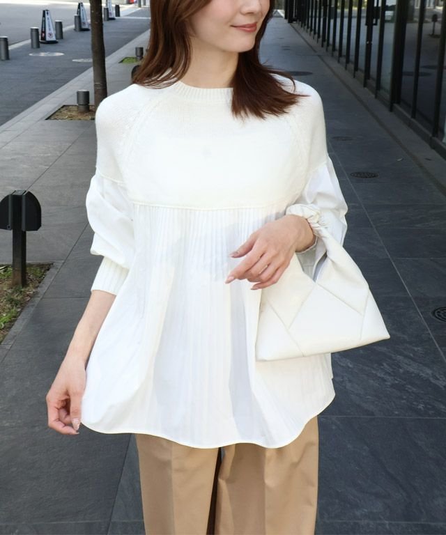 【ピエロ/Pierrot】のプリーツ切り替えニット インテリア・キッズ・メンズ・レディースファッション・服の通販 founy(ファニー) 　ファッション　Fashion　レディースファッション　Fashion for Women　トップス・カットソー　Cut & Sew Tops　ニット　Knit Tops & Sweaters　シンプル　Simple, Minimal　スリーブ　Sleeve, Long Sleeve / Short Sleeve　プチプライス・低価格　Affordable / Budget Price　プリーツ　Pleats, Pleated　ボトム　Bottoms, Lower Wear　163cm / オフホワイト / M|ID: prp329100004707166 ipo3291000000035965576
