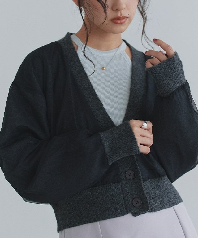 【ピエロ/Pierrot】のECLAM チュールレイヤードニットカーディガン インテリア・キッズ・メンズ・レディースファッション・服の通販 founy(ファニー) 　ファッション　Fashion　レディースファッション　Fashion for Women　トップス・カットソー　Cut & Sew Tops　ニット　Knit Tops & Sweaters　カーディガン・羽織り　Layered Style Cardigans　送料無料　Free Shipping　おすすめ　Recommended / Our Picks　インナー　Innerwear　カーディガン　Cardigan, Knitwear　クロップド　Cropped, Short Length　タンク　Tank Top, Sleeveless Top　チュール　Tulip, Tulip Motif　デニム　Denim, Jeans Material　ドッキング　Docking, Mixed Material　バランス　Balance, Style Balance　プチプライス・低価格　Affordable / Budget Price　163cm / ブラック×グレー / M|ID: prp329100004709628 ipo3291000000034018577