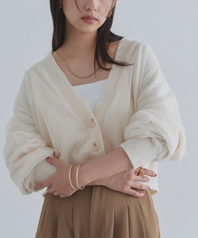【ピエロ/Pierrot】のECLAM チュールレイヤードニットカーディガン インテリア・キッズ・メンズ・レディースファッション・服の通販 founy(ファニー) 　ファッション　Fashion　レディースファッション　Fashion for Women　トップス・カットソー　Cut & Sew Tops　ニット　Knit Tops & Sweaters　カーディガン・羽織り　Layered Style Cardigans　送料無料　Free Shipping　おすすめ　Recommended / Our Picks　インナー　Innerwear　カーディガン　Cardigan, Knitwear　クロップド　Cropped, Short Length　タンク　Tank Top, Sleeveless Top　チュール　Tulip, Tulip Motif　デニム　Denim, Jeans Material　ドッキング　Docking, Mixed Material　バランス　Balance, Style Balance　プチプライス・低価格　Affordable / Budget Price　[ECLAM] チュールレイヤードニットカーディガン|ID: prp329100004709628 ipo3291000000034018579