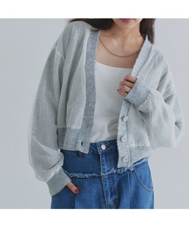 【ピエロ/Pierrot】のECLAM チュールレイヤードニットカーディガン インテリア・キッズ・メンズ・レディースファッション・服の通販 founy(ファニー) 　ファッション　Fashion　レディースファッション　Fashion for Women　トップス・カットソー　Cut & Sew Tops　ニット　Knit Tops & Sweaters　カーディガン・羽織り　Layered Style Cardigans　おすすめ　Recommended / Our Picks　インナー　Innerwear　カーディガン　Cardigan, Knitwear　クロップド　Cropped, Short Length　タンク　Tank Top, Sleeveless Top　チュール　Tulip, Tulip Motif　デニム　Denim, Jeans Material　ドッキング　Docking, Mixed Material　バランス　Balance, Style Balance　プチプライス・低価格　Affordable / Budget Price　163cm / ライトグレー×アイボリー / M|ID: prp329100004709628 ipo3291000000035408934