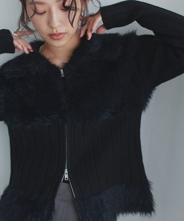 【ピエロ/Pierrot】のECLAM フェザードッキングジップニット インテリア・キッズ・メンズ・レディースファッション・服の通販 founy(ファニー) 　ファッション　Fashion　レディースファッション　Fashion for Women　トップス・カットソー　Cut & Sew Tops　ニット　Knit Tops & Sweaters　おすすめ　Recommended / Our Picks　トレンド　Trend, Trending Now　ドッキング　Docking, Mixed Material　フェザー　Feather, Feather Detail　プチプライス・低価格　Affordable / Budget Price　ワイド　Wide, Wide Fit　エレガント 上品　Elegant　[ECLAM] フェザードッキングジップニット|ID: prp329100004709635 ipo3291000000034018597