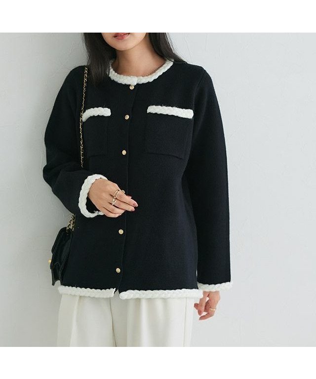 【ピエロ/Pierrot】のゴールドボタン配色ニットジャケット インテリア・キッズ・メンズ・レディースファッション・服の通販 founy(ファニー) 　ファッション　Fashion　レディースファッション　Fashion for Women　アウター　Coat / Outerwear Collection　レディースジャケット・軽アウター　Jackets　ジャケット　Jacket, Outerwear　トレンド　Trend, Trending Now　プチプライス・低価格　Affordable / Budget Price　羽織　Haori, Light Jacket　162cm / ブラック×オフホワイト / M|ID: prp329100004709658 ipo3291000000034567955